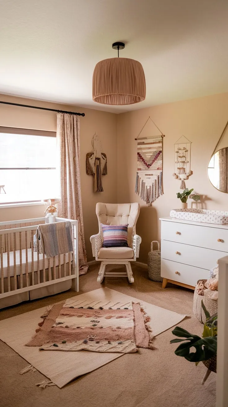 This boho-inspired southwestern nursery is a dream come true. The soft color palette and carefully curated decor create a tranquil atmosphere, perfect for nurturing a little one. A space filled with warmth and gentle charm.