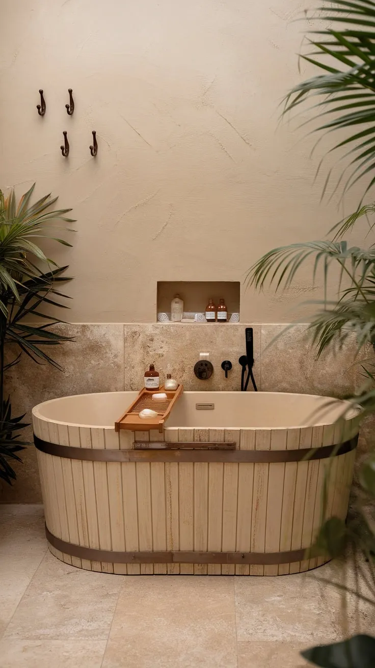 Soft lighting illuminates a serene spa bathroom featuring a beige wooden freestanding tub, complemented by plants and minimal bath products.