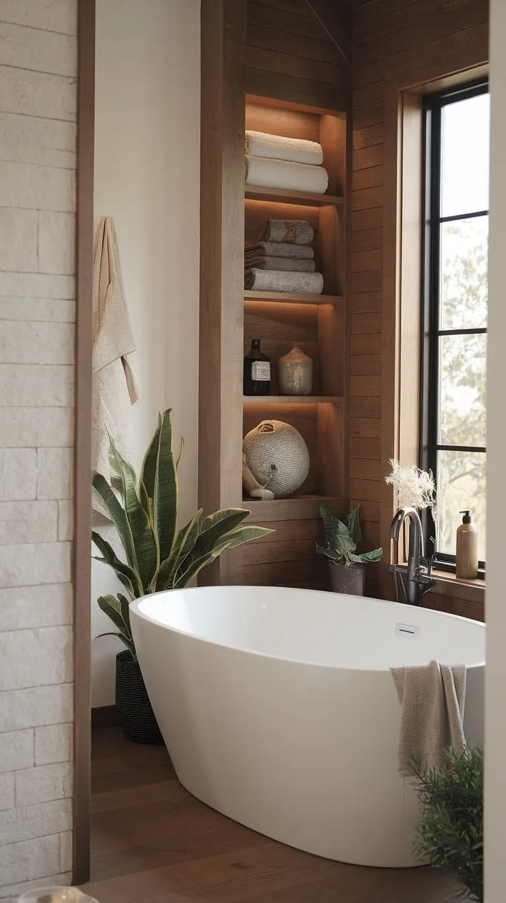 A modern farmhouse spa bathroom, bathed in natural light, offers a cozy and elegant escape with a freestanding tub and wood-clad walls.