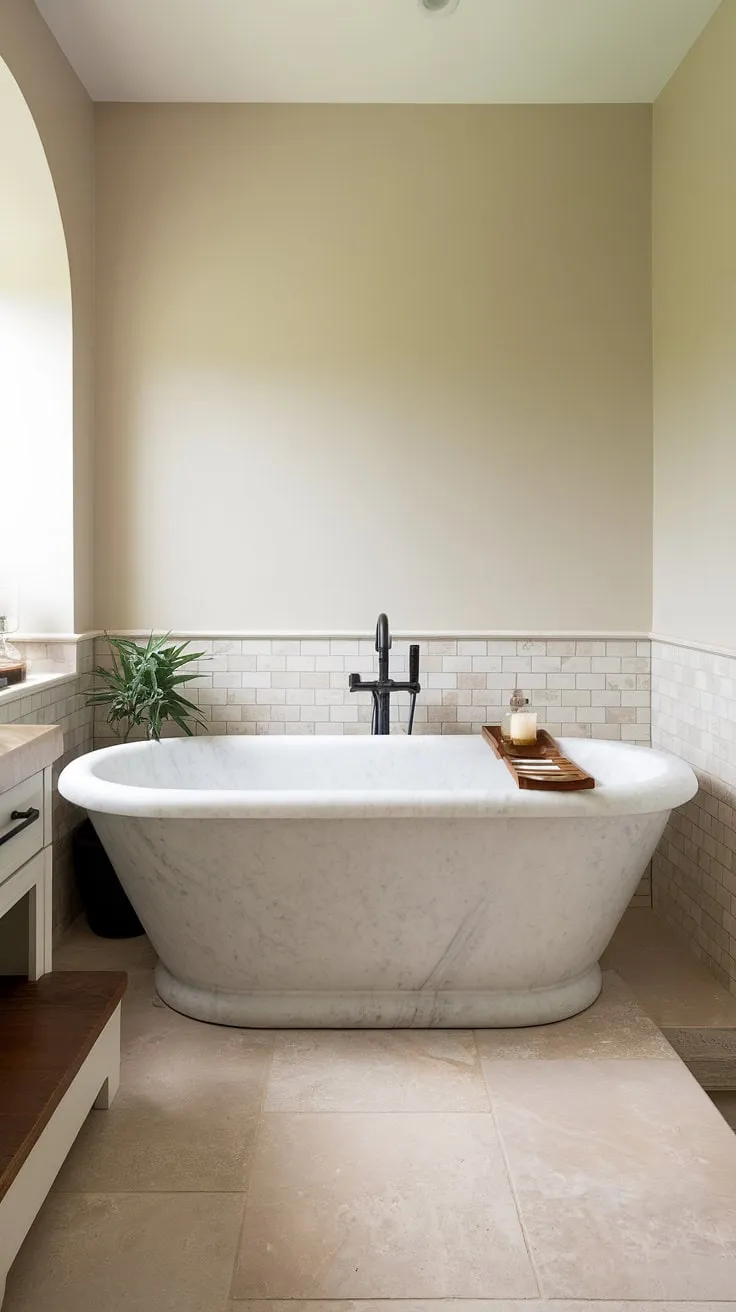 A serene spa bathroom features a curved marble tub and understated farmhouse design elements.