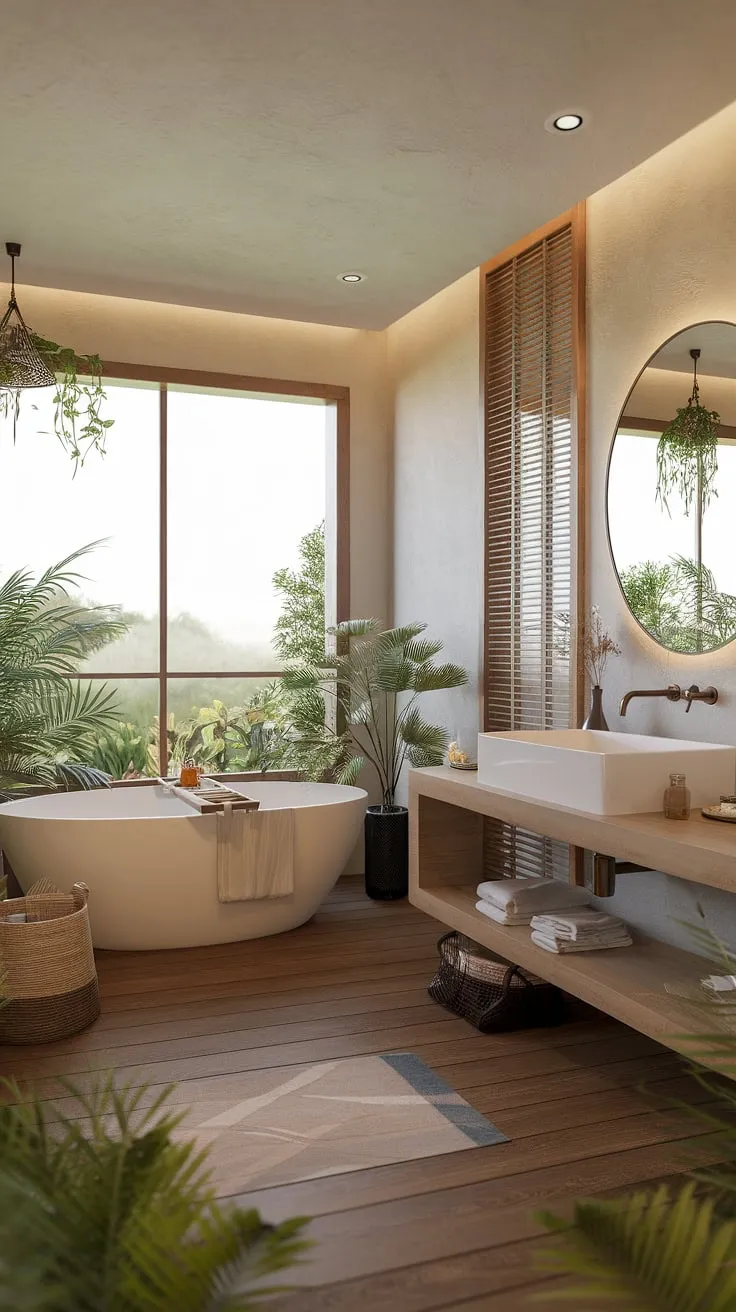 This zen bathroom offers a peaceful retreat with soft lighting, natural materials, and a view of nature.