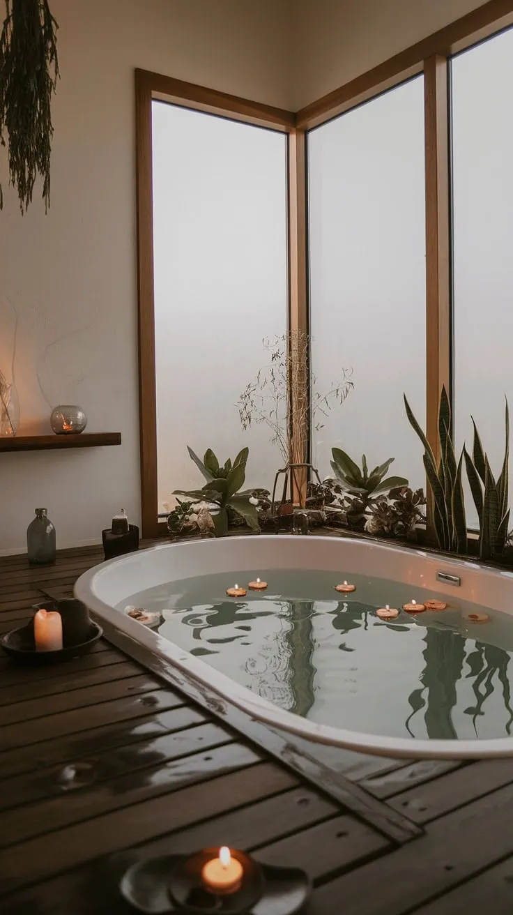 A modern farmhouse spa bathroom evokes tranquility with its natural light, freestanding tub, and carefully curated details.
