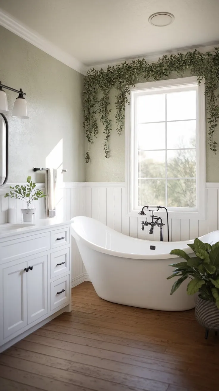 Natural light and lush greenery create a serene spa-like bathroom experience