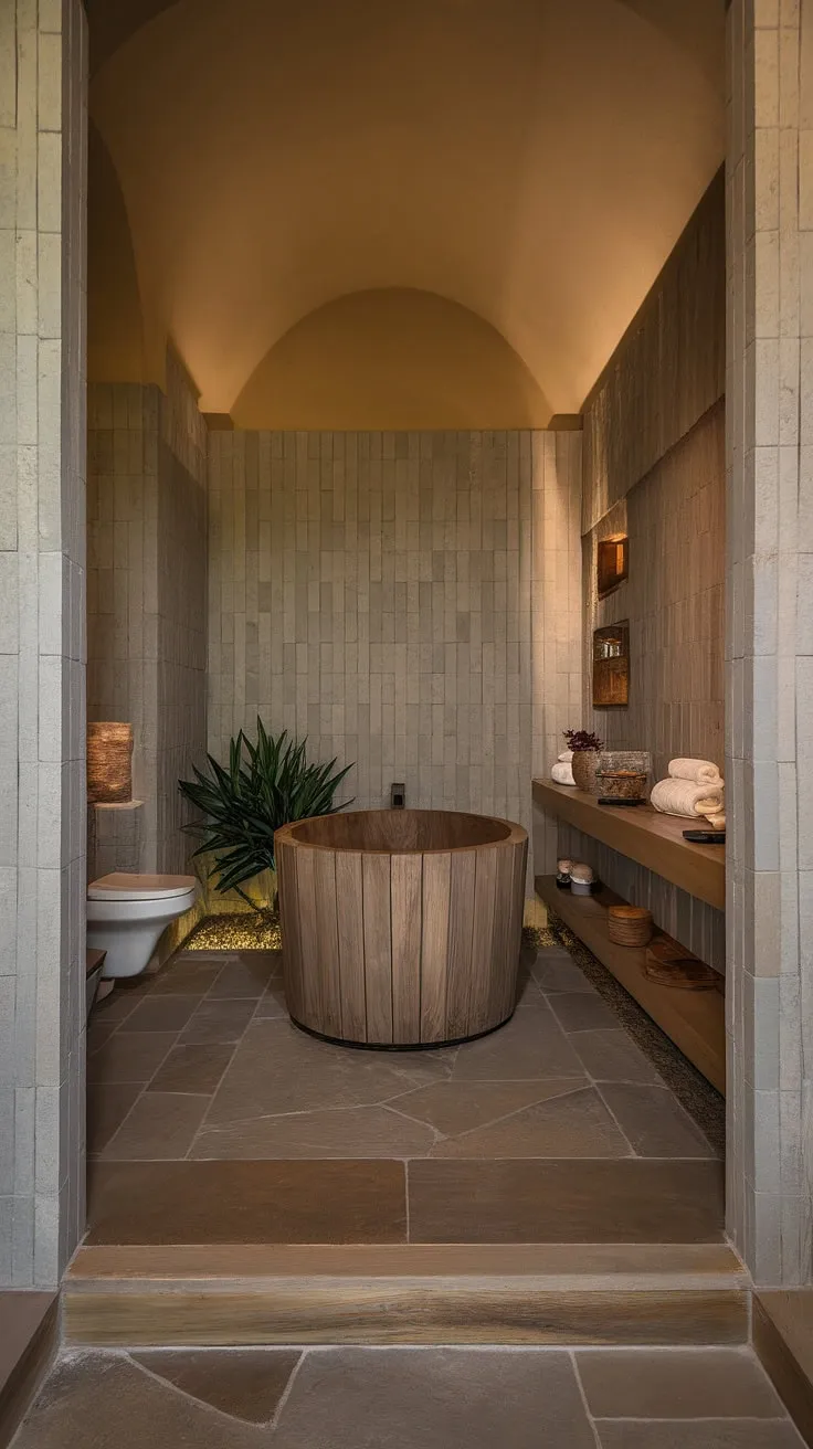 A wooden tub and stone walls define this elegant and zen-like spa retreat
