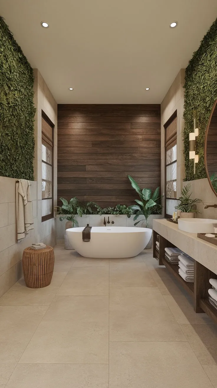 Natural tones and a floating vanity complete this serene escape.