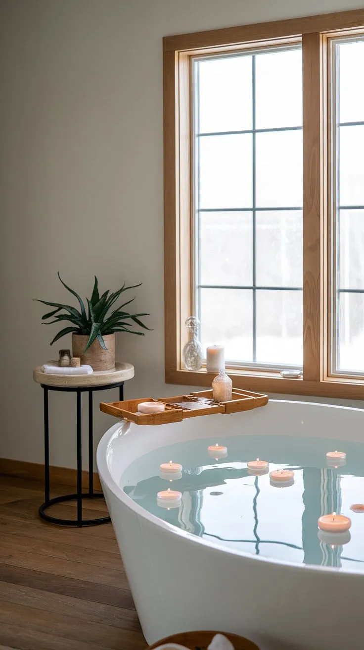Escape to a serene farmhouse spa bathroom bathed in natural light, featuring a candlelit soaking tub and calming natural elements