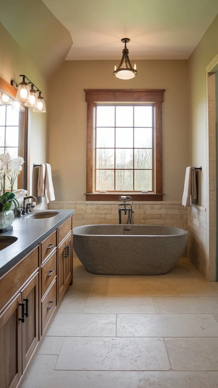 A modern farmhouse spa bathroom boasts a stone tub and wooden vanity, creating a serene atmosphere.
