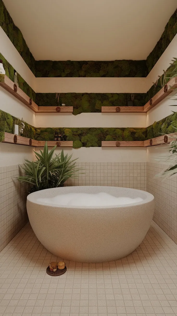 Indulge in blissful relaxation within a zen-inspired spa bathroom complete with a frothy tub and natural accents