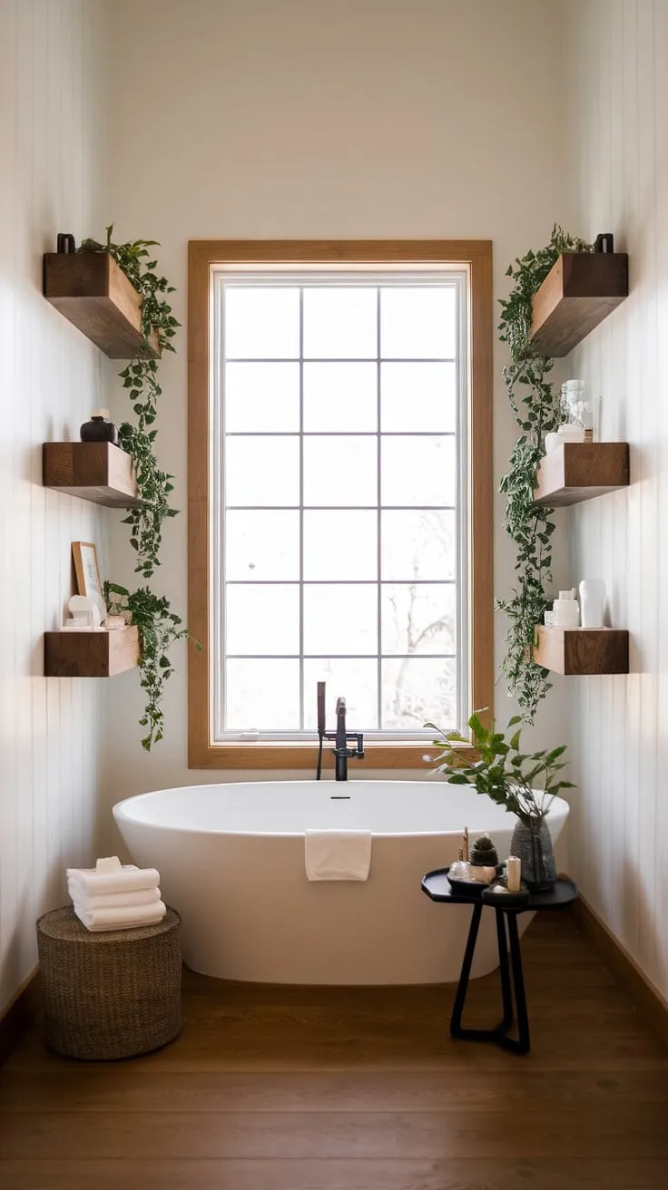 A spa-inspired bathroom blends modern farmhouse style with zen tranquility, highlighted by a freestanding tub and natural light.