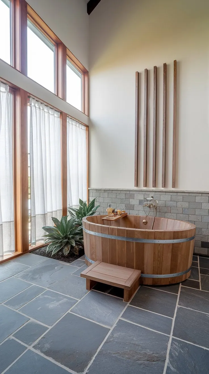 Indulge in tranquility within a modern farmhouse spa bathroom featuring a wooden freestanding tub and soothing grey stone floors.