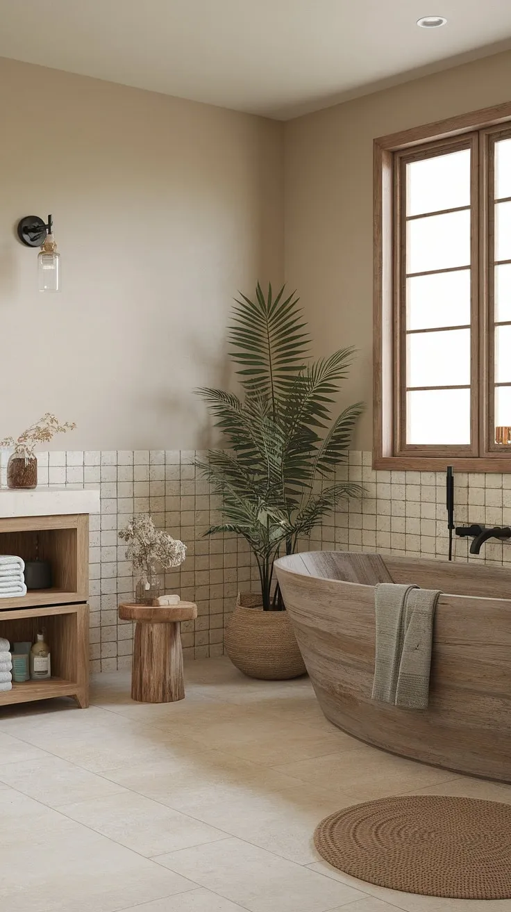 Beige walls and tiles complement the zen ambiance of this modern bathroom sanctuary.