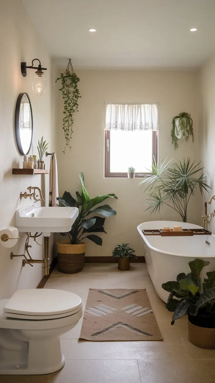 Indulge in tranquility with this modern farmhouse spa bathroom, featuring a freestanding tub, vintage faucet, and calming zen décor.