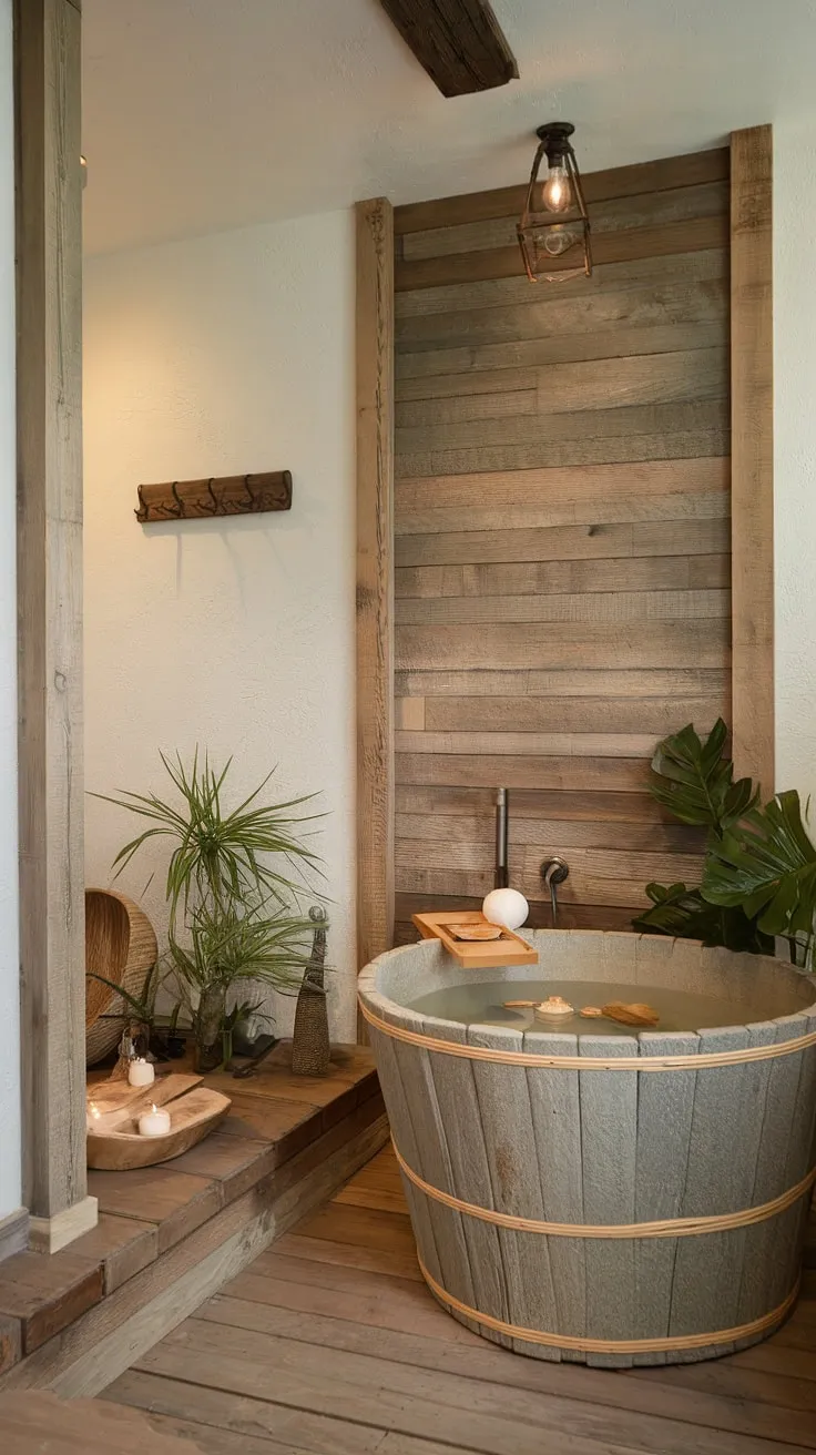 A modern farmhouse bathroom's zen atmosphere is enhanced by a freestanding natural tub, wooden accents, and lush greenery.