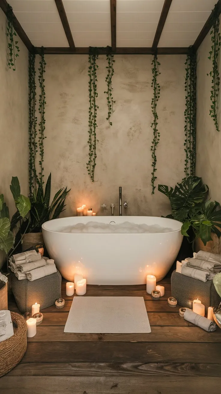 Indulge in a modern farmhouse spa bathroom featuring a bubble-filled tub, plush towels, and calming greenery.