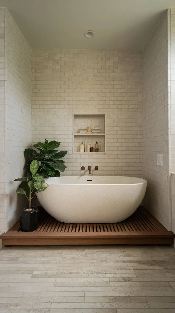Indulge in tranquility with this modern farmhouse spa bathroom featuring a freestanding tub and serene beige tones.