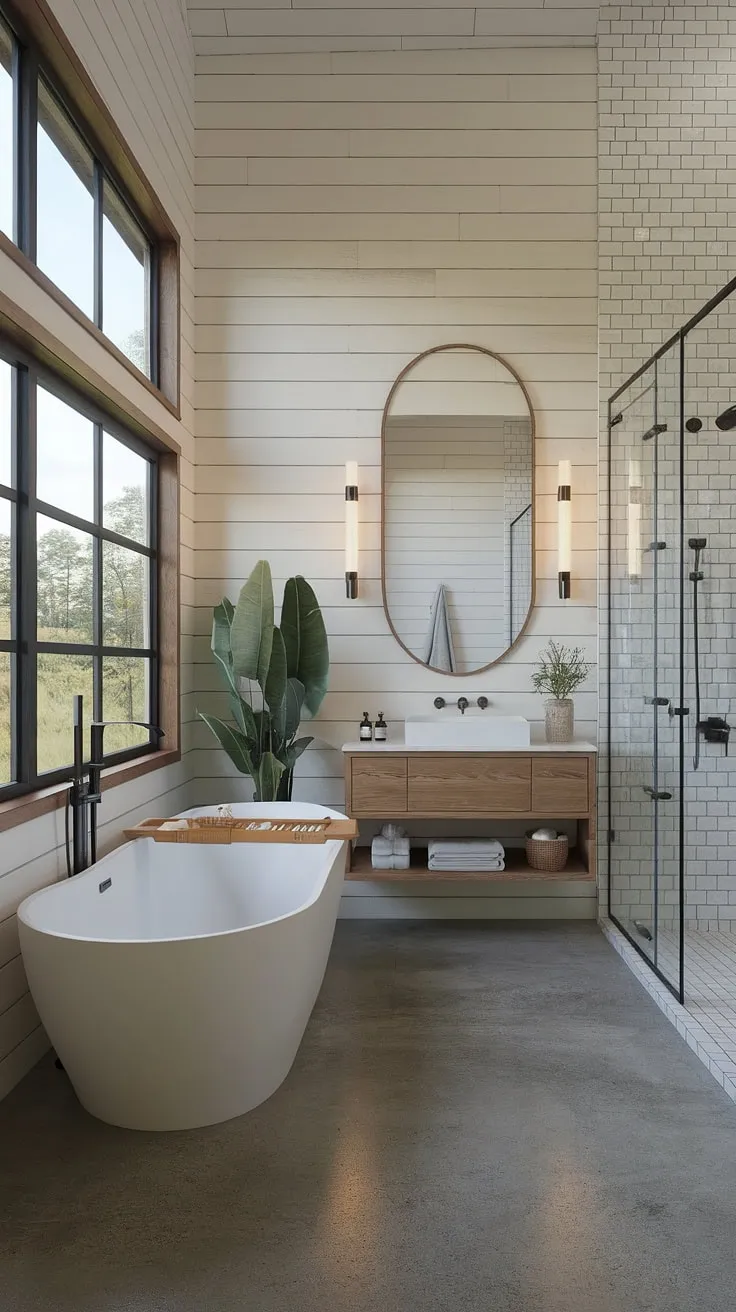 Modern farmhouse spa bathroom design features a wood freestanding tub and floating vanity, bathed in natural light from large windows