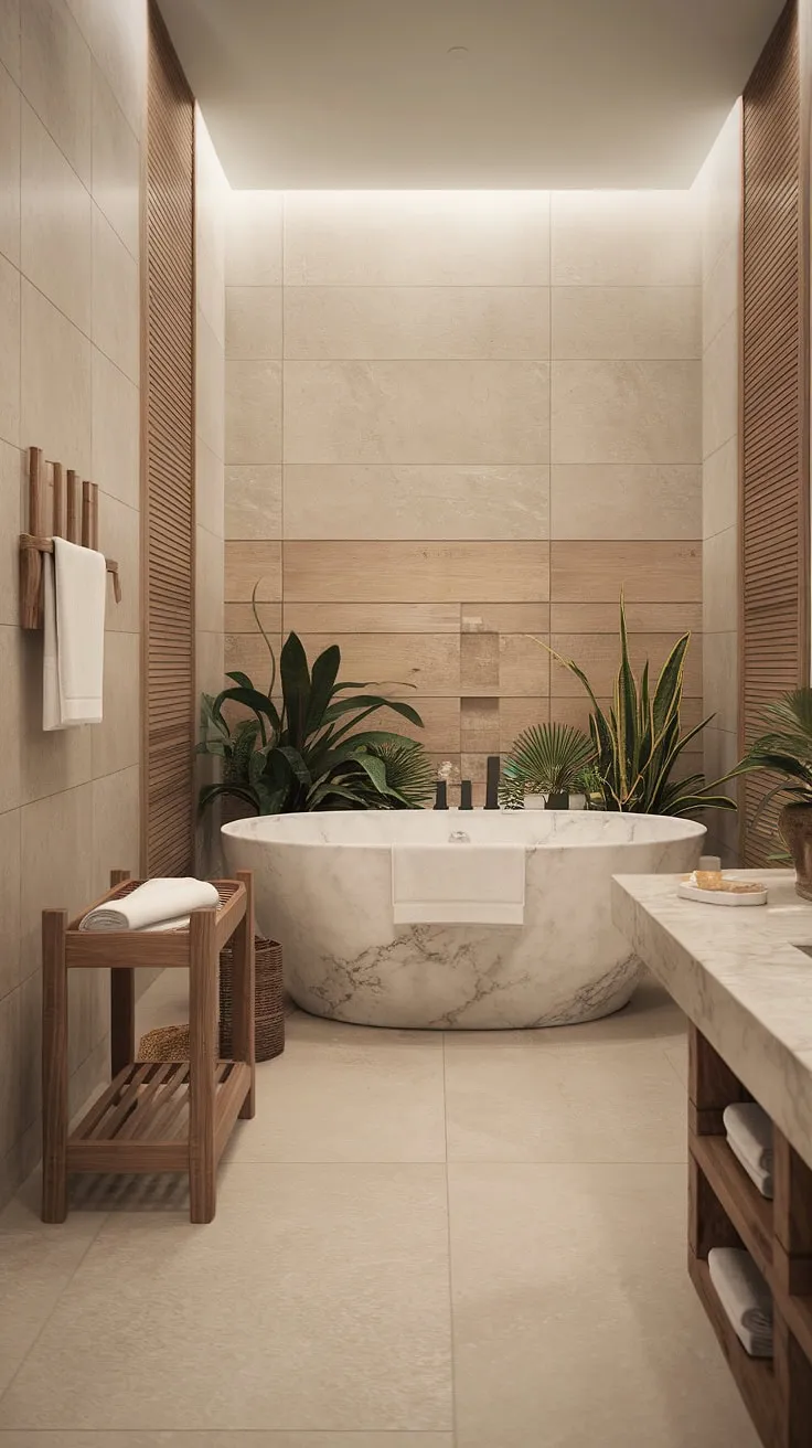 Indulge in tranquility with this modern farmhouse spa bathroom featuring a white marble freestanding tub, soft lighting, and calming natural elements.