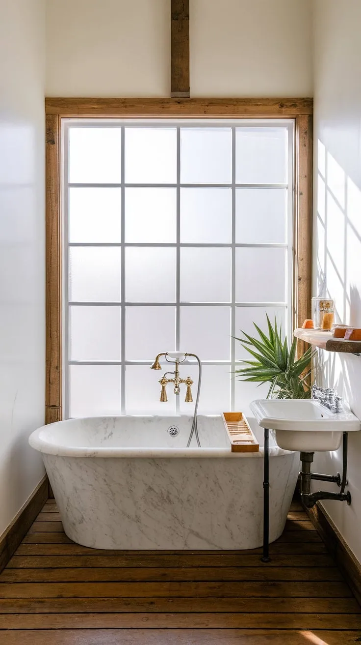 A serene white spa bathroom features a marble tub bathed in natural light from a large window.