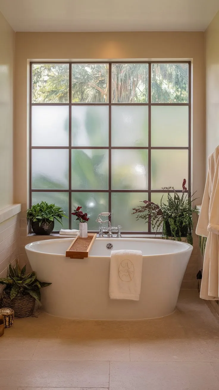 Escape to serenity in a softly lit spa bathroom with a porcelain tub overlooking a verdant landscape