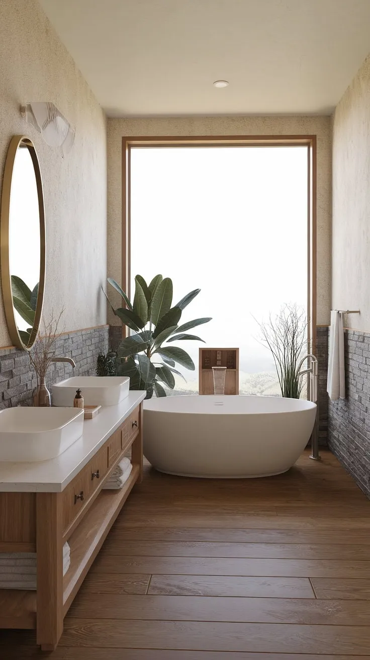 A modern farmhouse spa bathroom features a serene atmosphere, a waterfall tub, and natural elements for ultimate relaxation