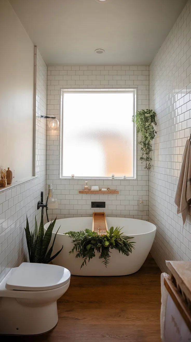 Tranquil modern farmhouse spa bathroom features a freestanding tub, natural elements, and soft light for ultimate relaxation.