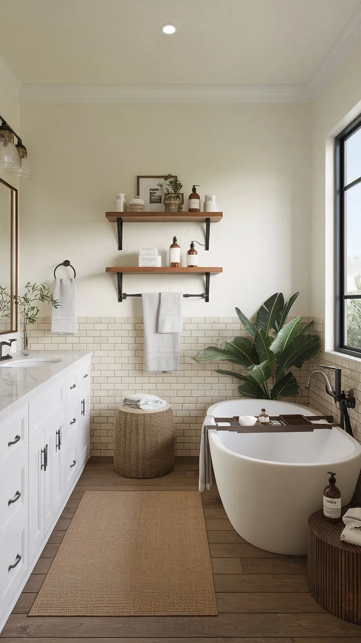 A serene spa bathroom boasts a modern farmhouse design with natural light, a freestanding tub, and elegant beige tile.
