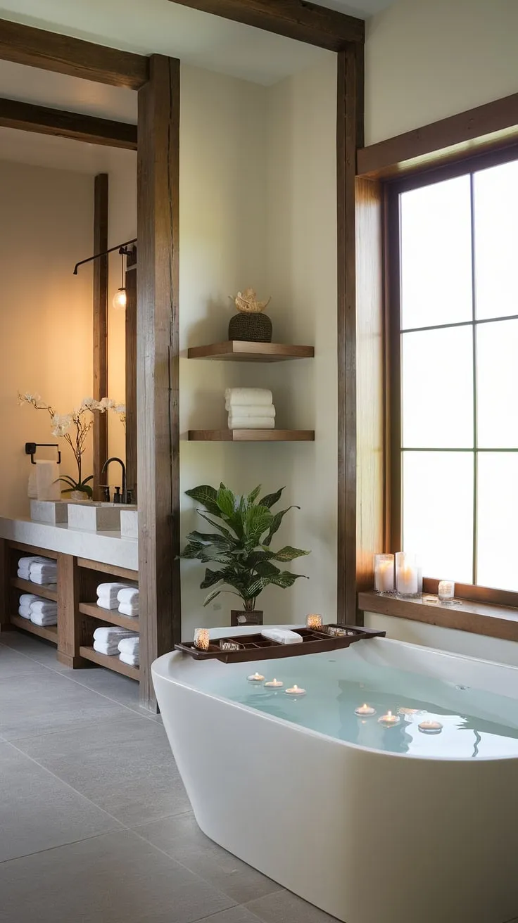 Elegant modern farmhouse spa bathroom design features a freestanding tub with floating candles, bathed in natural light