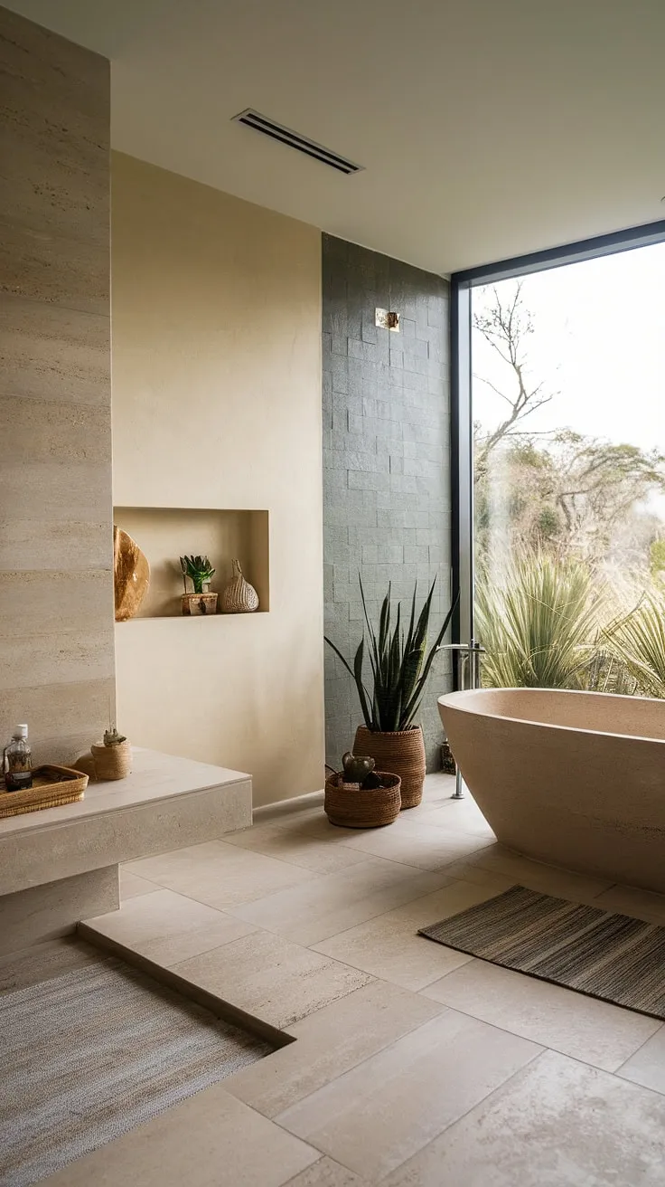 Tranquil beige, gray, and green tones create a serene spa bathroom, perfect for relaxation.