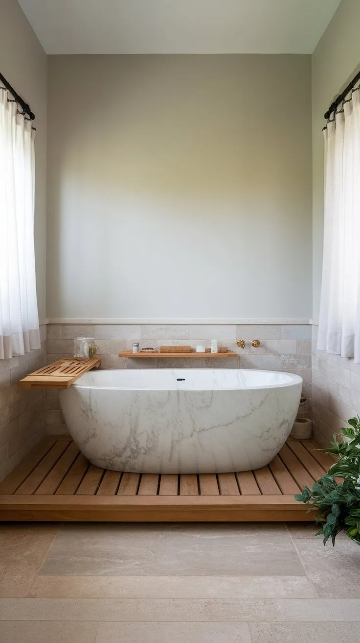 Indulge in tranquility with this modern farmhouse spa bathroom featuring a freestanding marble tub and serene zen atmosphere.