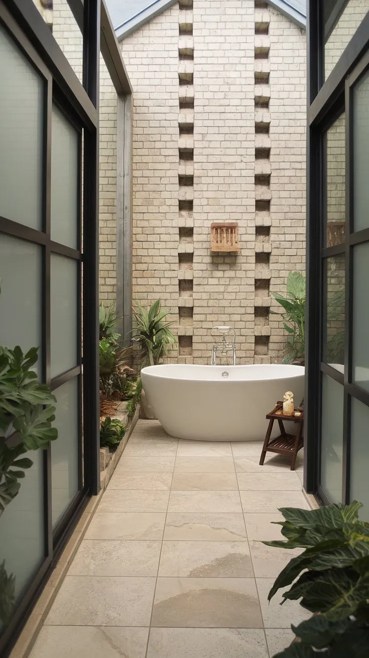Elegant modern farmhouse spa bathroom design features a freestanding tub near a large window, creating a zen atmosphere