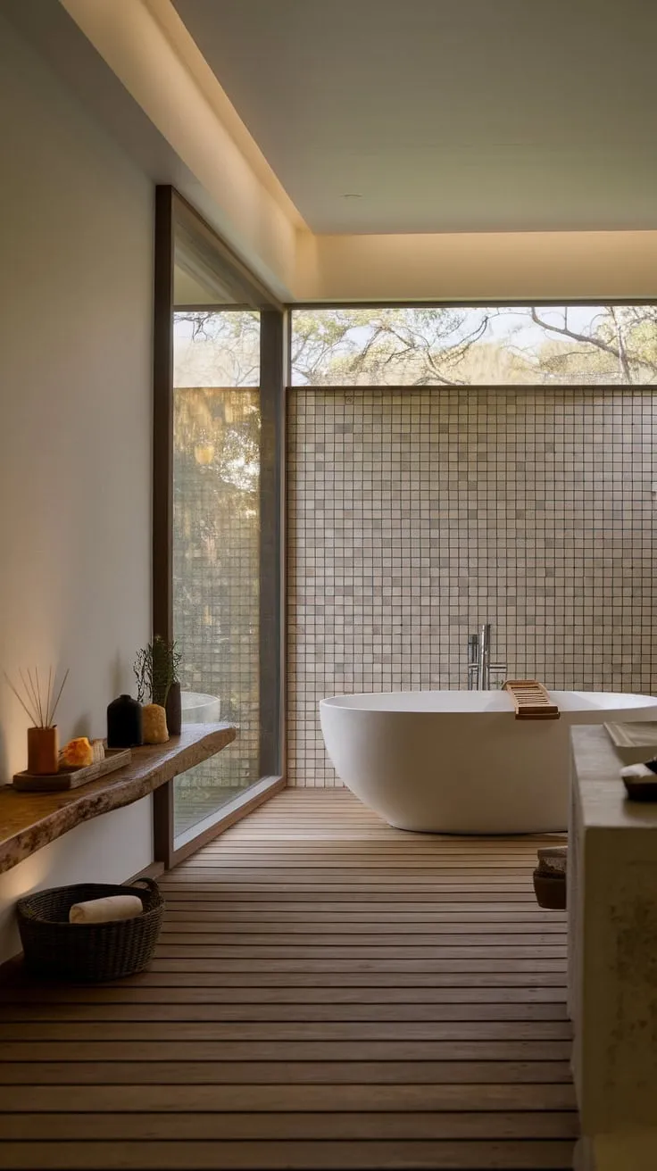 A modern farmhouse spa bathroom boasts a freestanding tub, natural light, and calming wooden accents for ultimate relaxation.