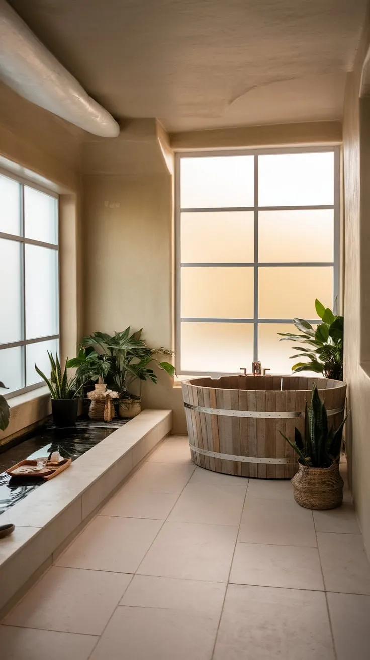 Earthy tones, soft light, and a wooden freestanding tub create a serene spa-like bathroom experience