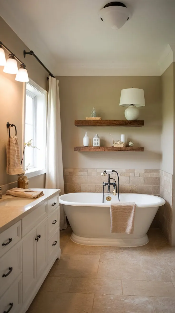 Beige tiles and a white vanity create a serene atmosphere in this spa-inspired bathroom centered around a luxurious freestanding tub.