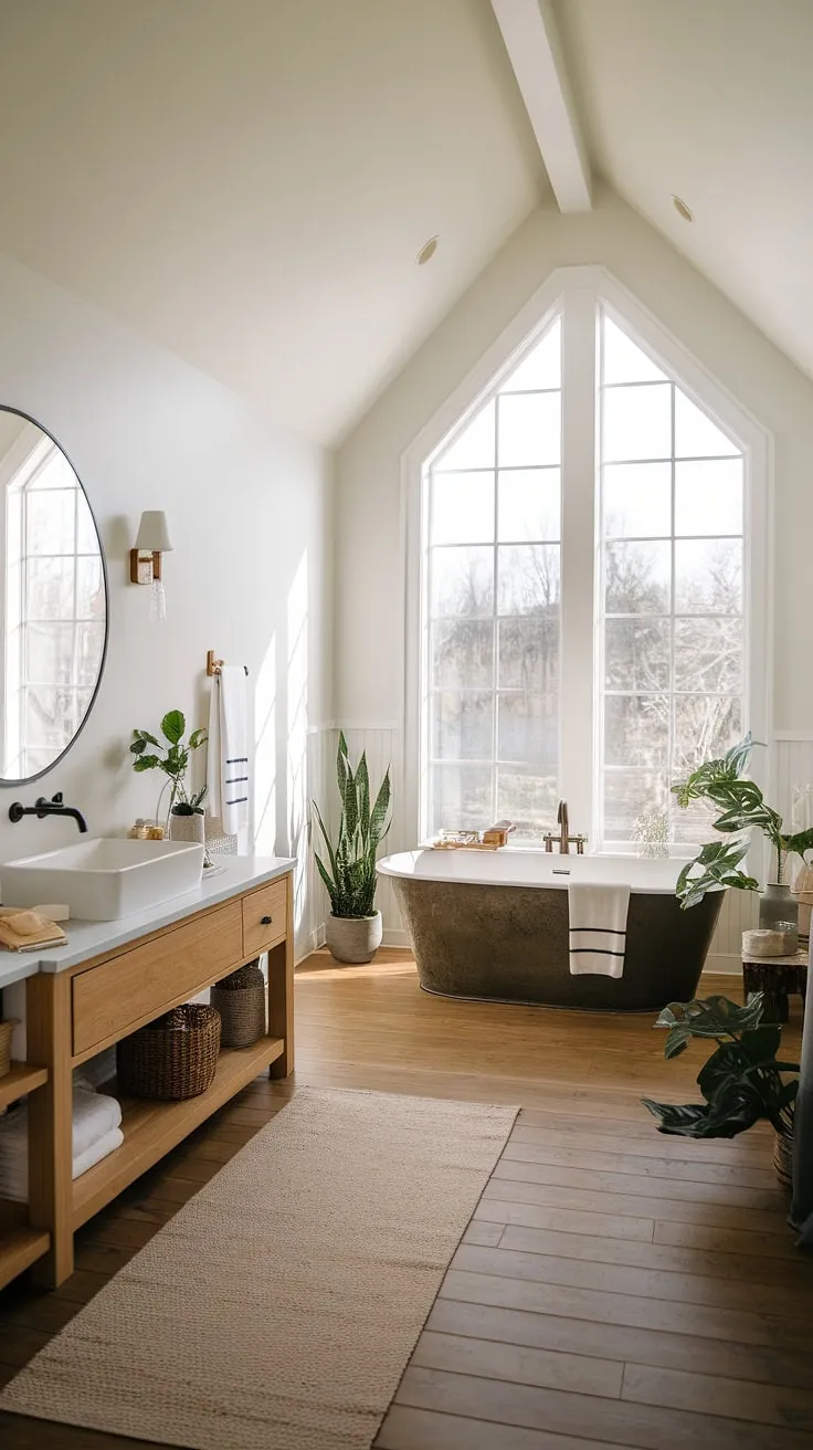 Sunlight streams into a serene spa bathroom, blending modern farmhouse style with zen tranquility.