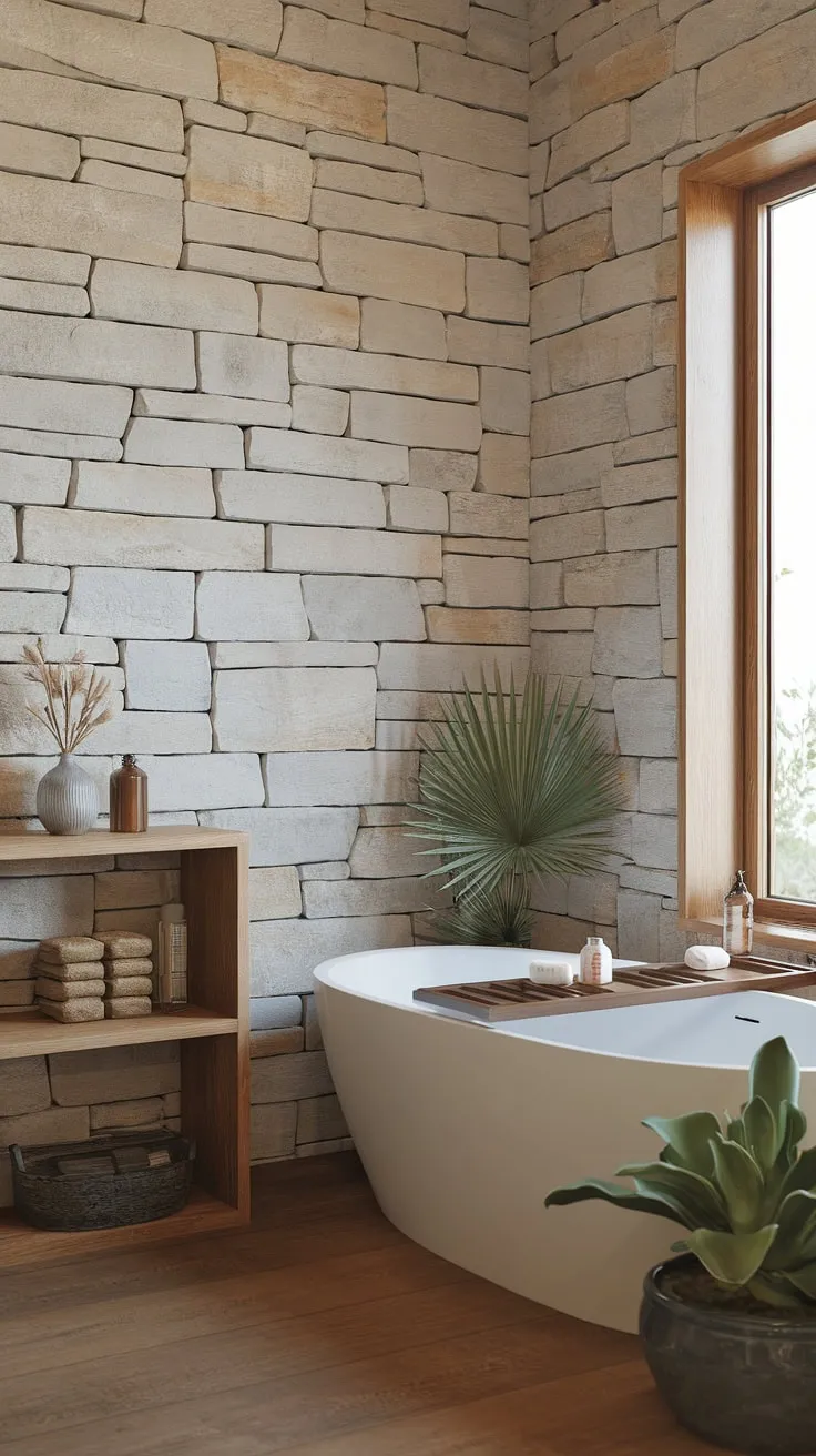 Natural elements and calming design converge in this zen bathroom, highlighted by a freestanding tub and stone walls for ultimate relaxation.