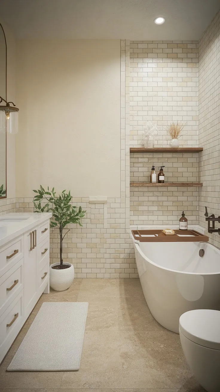 Modern farmhouse spa design evokes tranquility with a freestanding tub and soft lighting