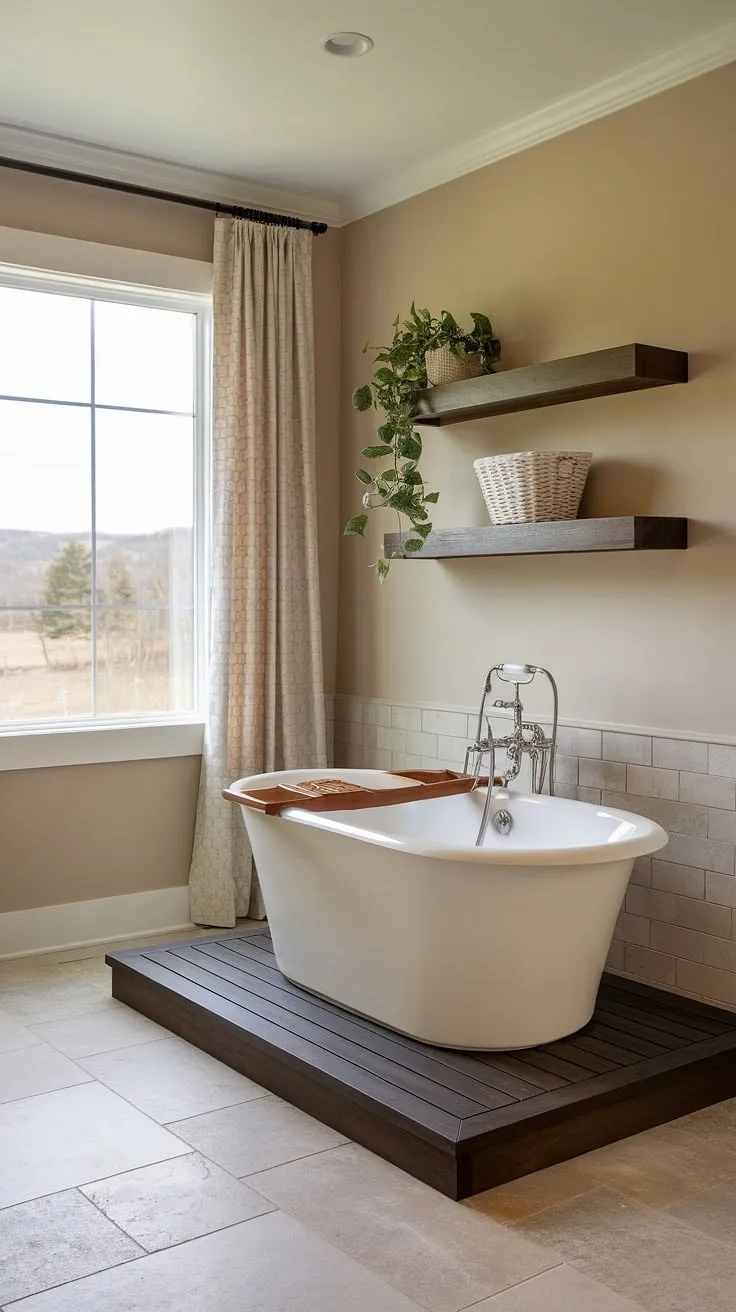 Modern farmhouse style defines this spa bathroom, complete with a freestanding tub and calming natural elements.