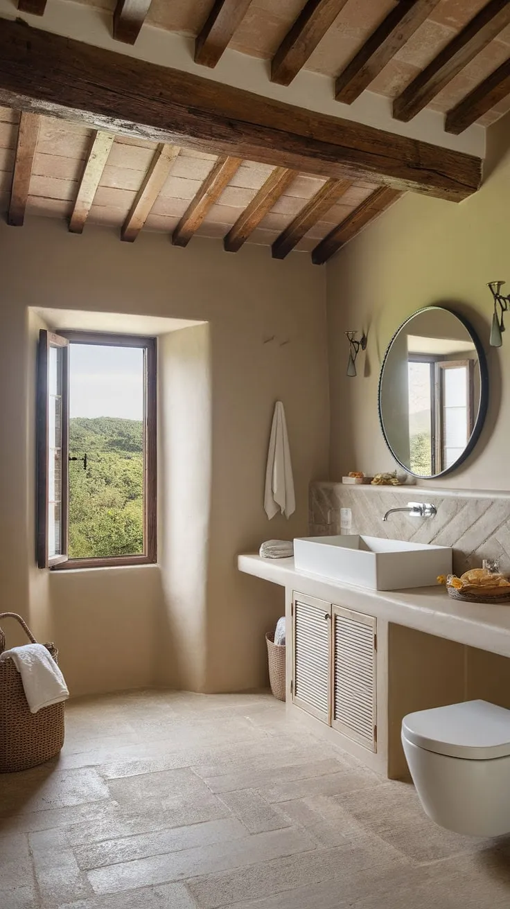 A modern Spanish bathroom boasts a serene view and blends white cabinetry with warm beige tones and wooden accents.