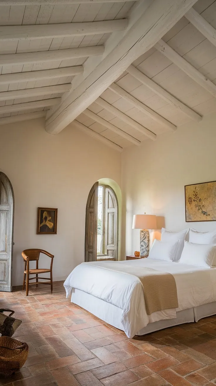 Elegant Spanish-style guest room exudes Mediterranean charm with high ceilings and terracotta floors