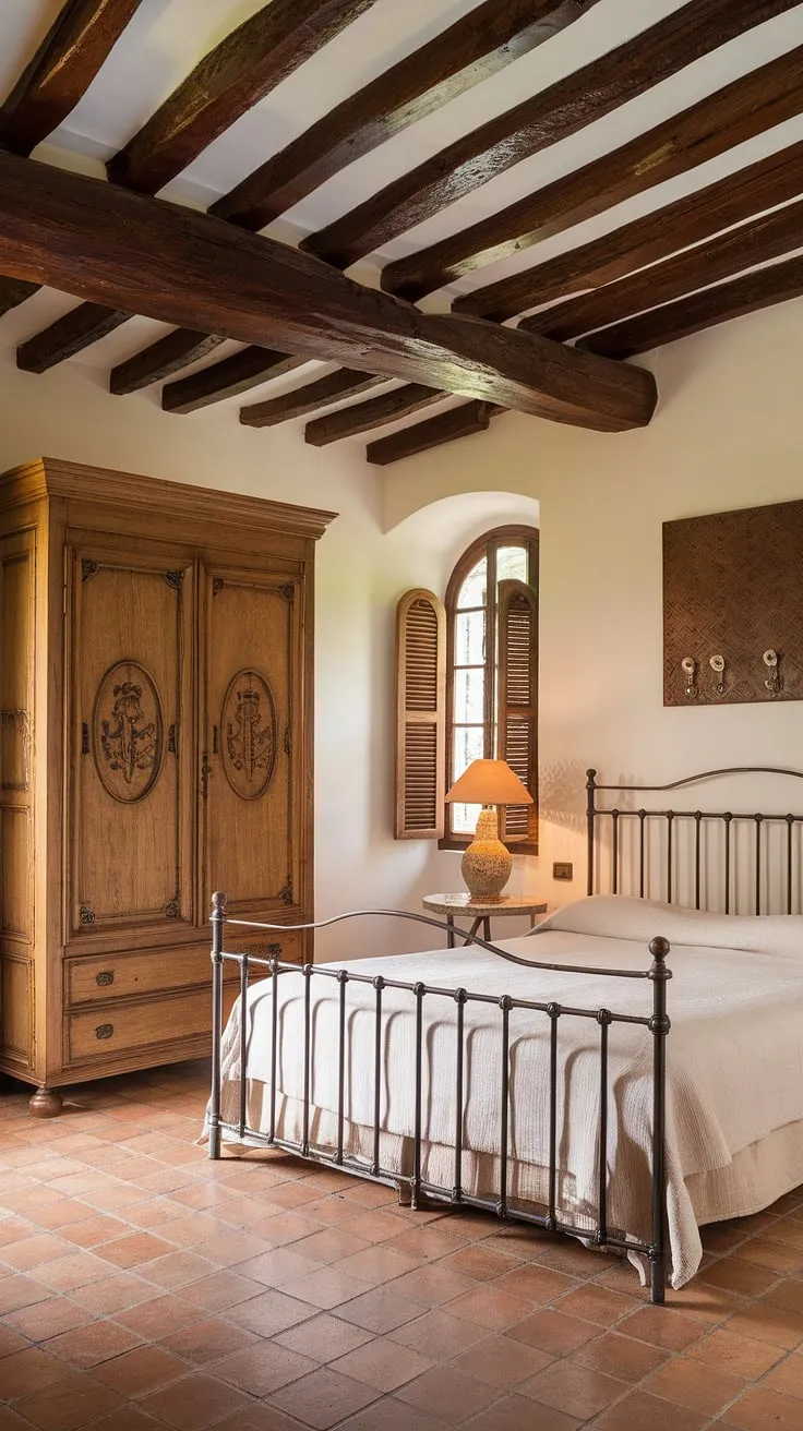 A Mediterranean haven featuring a wrought-iron bed and carved wardrobe under exposed wooden beams.