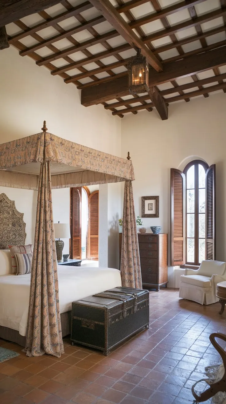 A canopy bed and decorative headboard highlight the luxurious feel of this sun-drenched Spanish bedroom with its terracotta floors and high wooden-beamed ceiling.