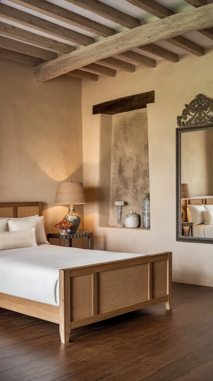 Rustic wooden beams and an ornate mirror accentuate the tranquil charm of this Spanish-style guest bedroom.