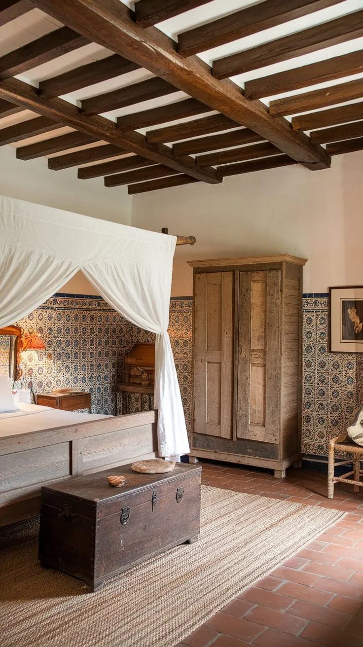 Spanish tiles and a wooden-beamed ceiling create an inviting atmosphere in this Mediterranean villa's guest room.