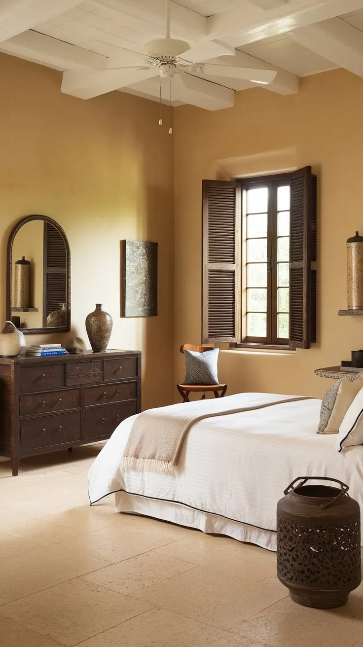 Warm beige walls and Mediterranean details create a serene Spanish-style guest room experience