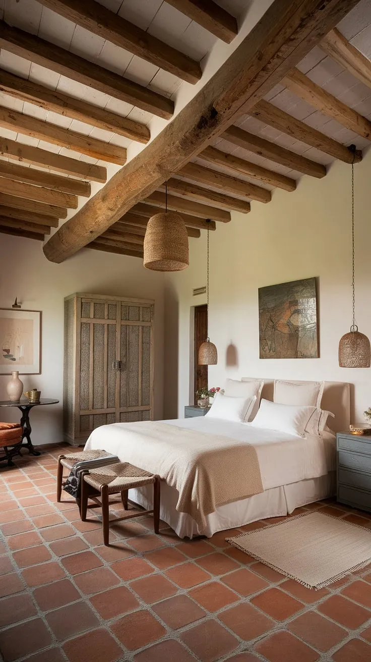 Warm terracotta tiles and exposed wooden beams create a cozy Spanish bedroom haven.