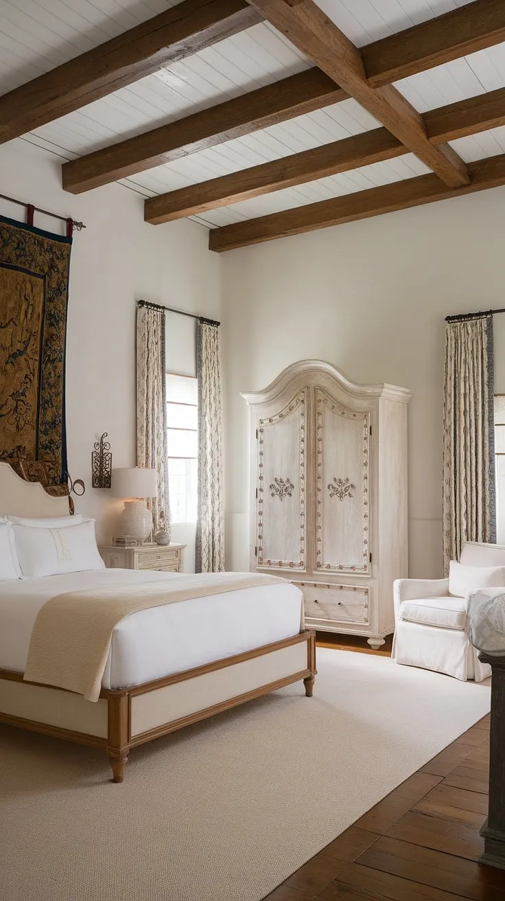 A Mediterranean-inspired bedroom features a queen bed, ornate armoire, and tasteful artwork creating a tranquil atmosphere.