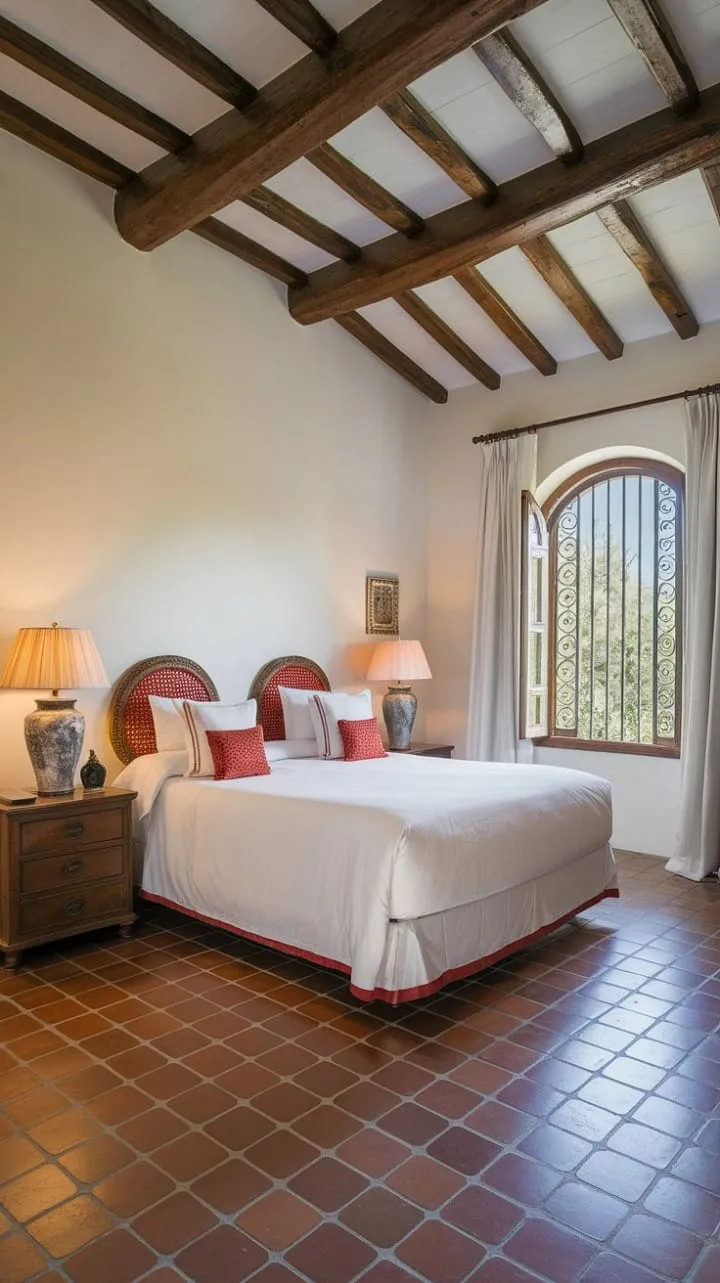 Awaken to the soothing Mediterranean breeze in a serene guest room adorned with rustic charm and vibrant Spanish accents, promising a luxurious escape.