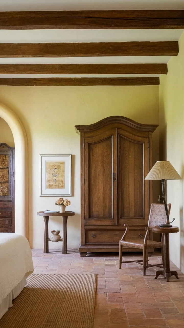 Bathed in sunlight, this Spanish-style guest room exudes timeless tranquility with its warm terracotta floors, antique armoire, and soft woven rug.