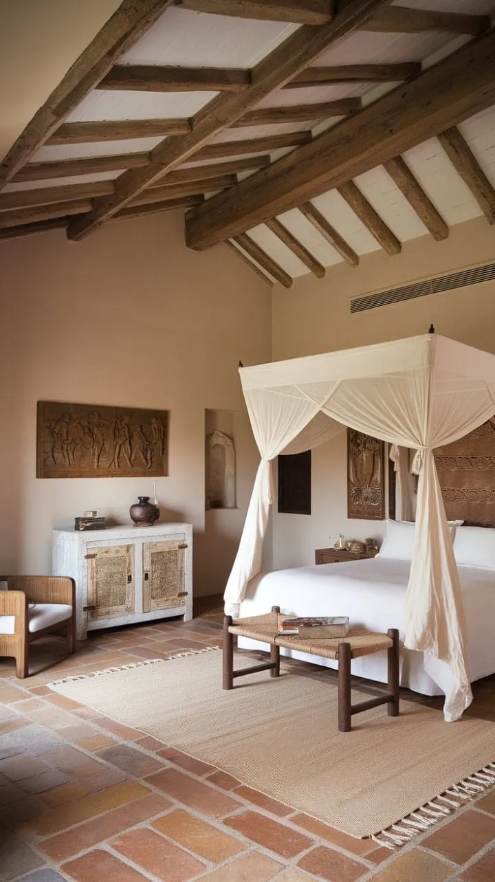 In this serene Spanish villa bedroom, sunlight dances through hidden windows, casting a warm glow on the elegant wooden headboard and inviting canopy bed, while the terracotta floor and exposed beams echo the charm of sunlit days and tranquil nights.