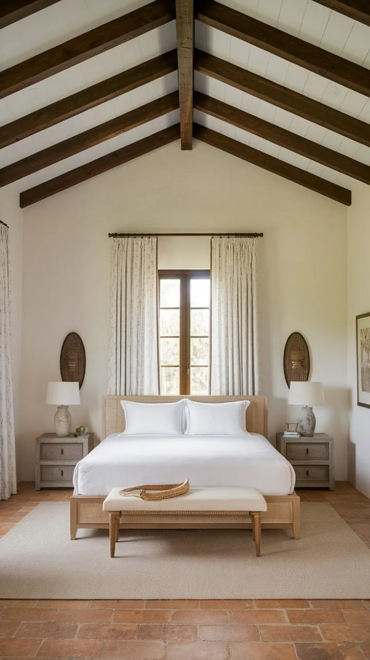 Experience effortless sophistication in this sun-kissed Spanish-style guest room, where rustic wooden beams and terracotta floors harmonize with crisp white walls and a cozy queen bed.